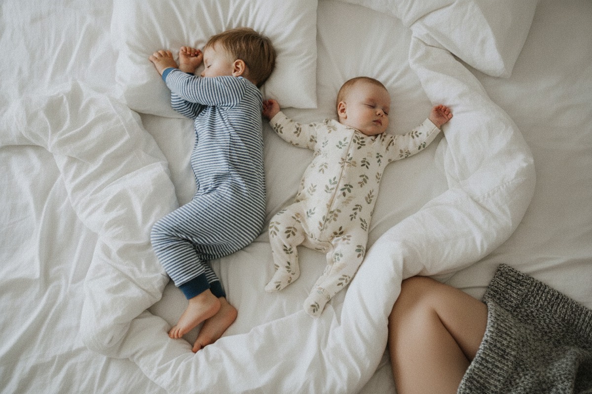 Two siblings asleep side by side on a rumpled white bed, a parent's leg at the edge of the frame