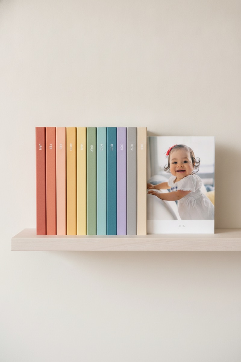 Twelve slim monthly books on a shelf, spines forming a rainbow series, June pulled out to show its cover