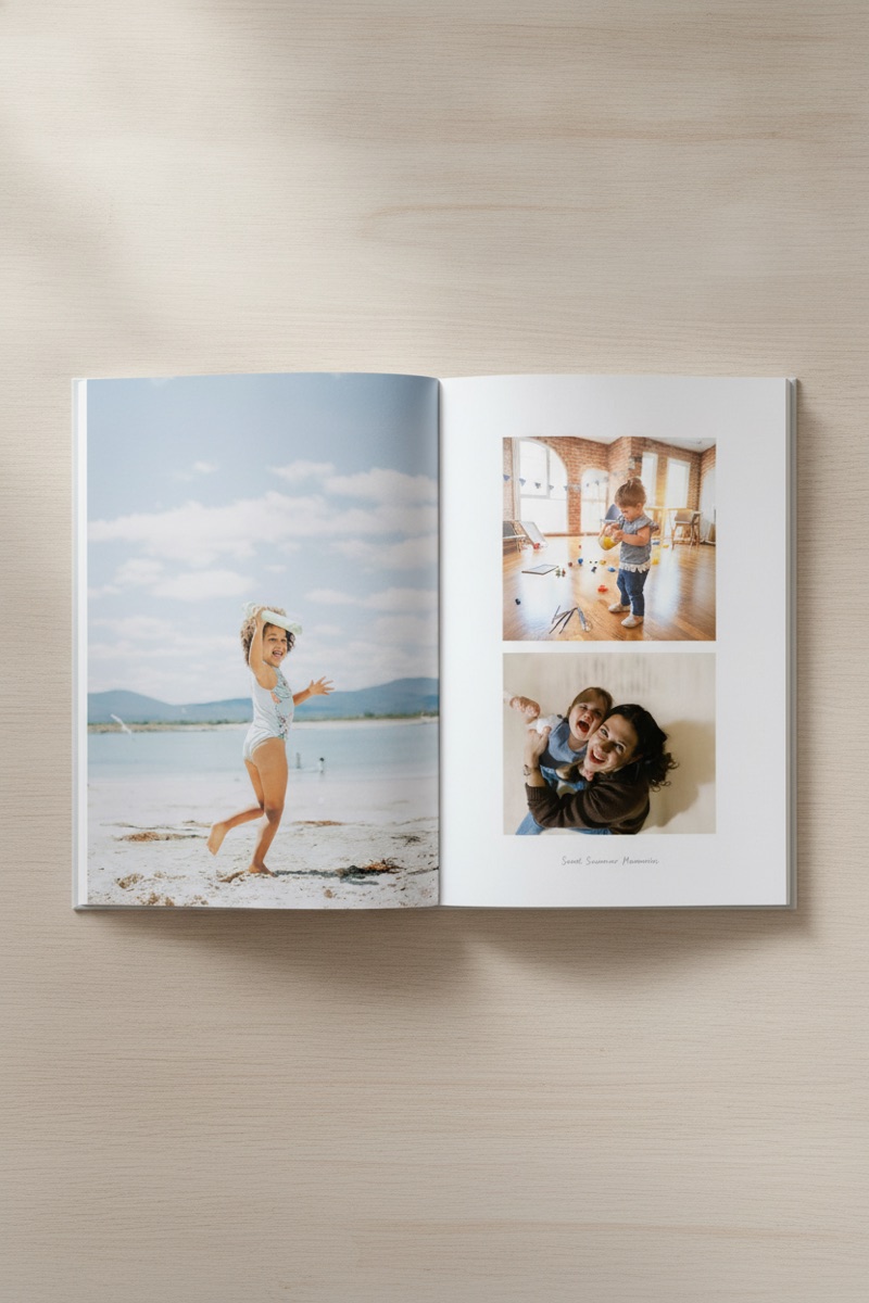 An open spread: a full-bleed photo on the left page, two photos with white margins on the right
